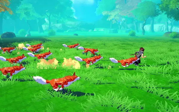 A vibrant HD desktop wallpaper from the video game Farmagia, featuring a character interacting with a lively group of foxes in a lush green landscape.