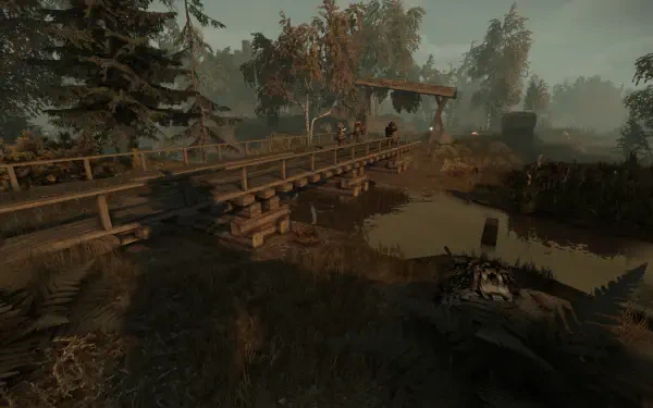 A serene landscape from STALCRAFT: X, featuring a wooden bridge over a calm pond surrounded by trees and foliage, presented as an HD PC desktop wallpaper.