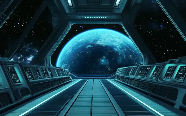 A futuristic starship bridge is depicted, featuring sleek design and control panels, with a stunning view of a blue planet and star-filled space beyond. 4K Ultra HD wallpaper.