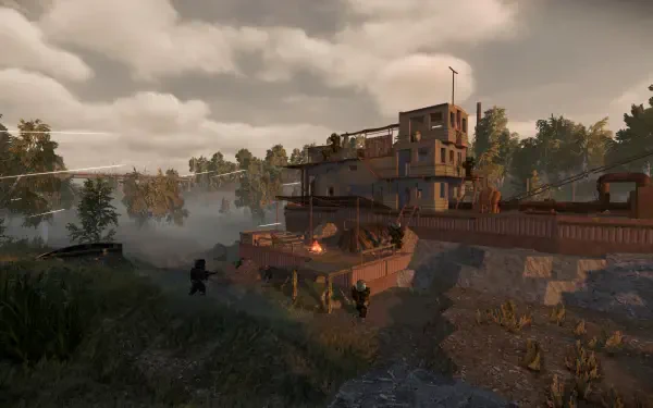 A captivating HD wallpaper showcasing a scene from STALCRAFT: X, featuring an industrial structure surrounded by lush foliage and mist, set against a cloudy sky.