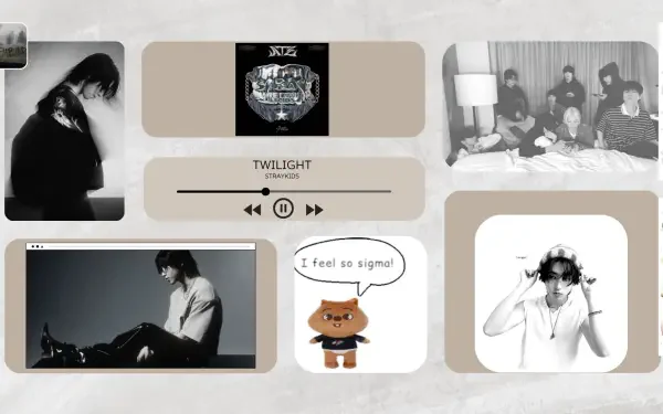 HD PC desktop wallpaper featuring Stray Kids in a collage style with black-and-white portraits, album cover art, and a cartoon character saying I feel so sigma.