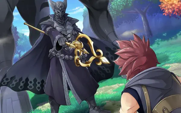 A dramatic scene from the video game Farmagia, featuring a cloaked figure wielding a golden staff, confronting a determined young warrior amidst a vibrant landscape.