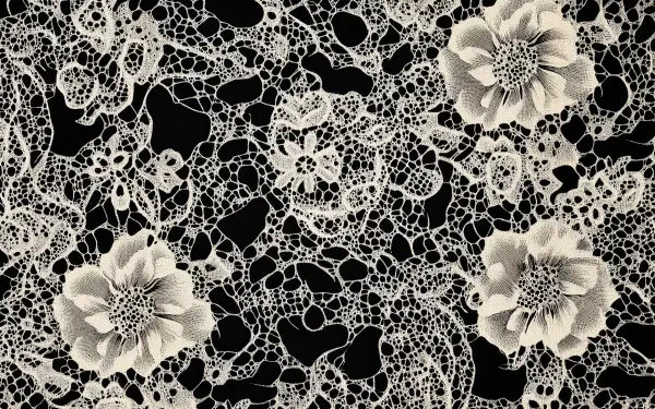 A detailed lace pattern with intricate designs and floral motifs on a black background, showcased in 4K Ultra HD for a visually striking desktop wallpaper.