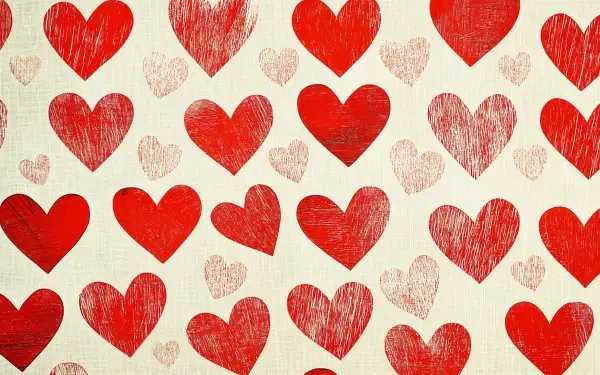 A vibrant 4K Ultra HD wallpaper featuring a playful pattern of red and pink hearts on a light background, creating a cheerful and romantic ambiance.