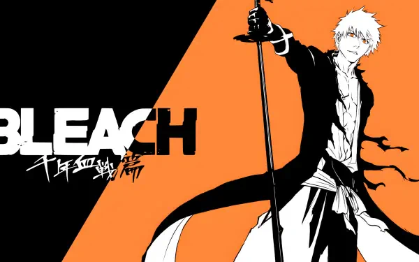 HD anime desktop wallpaper featuring Ichigo Kurosaki from Bleach: Thousand-Year Blood War, with bold orange and black colors and dynamic pose.
