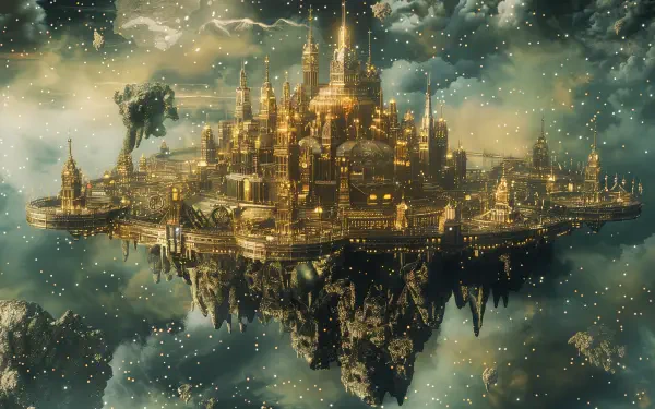 A stunning 4K Ultra HD wallpaper featuring a floating city with golden architecture, surrounded by clouds and stars, creating a magical and ethereal atmosphere.