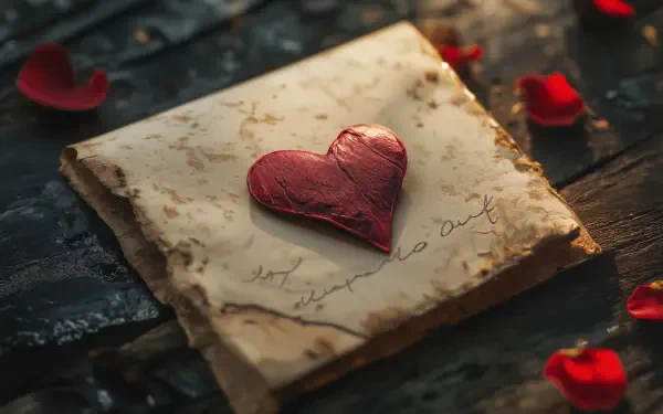A close-up of a love letter featuring a red heart, surrounded by scattered rose petals, captured in stunning 4K Ultra HD detail for a captivating desktop wallpaper.
