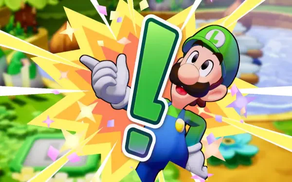 Luigi from Mario & Luigi: Brothership celebrates with a cheerful expression and a dynamic pose, set against a vibrant, colorful background in this HD PC desktop wallpaper.