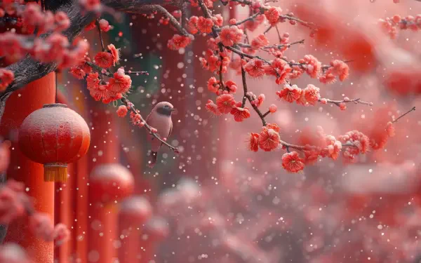 A serene scene featuring a bird amidst vibrant cherry blossoms, set against a backdrop of soft falling snow, creating a tranquil atmosphere in this 4K Ultra HD wallpaper.
