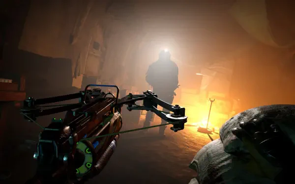 A dramatic HD wallpaper from the video game Metro Awakening, featuring a character wielding a crossbow in a dimly lit environment, emphasizing tension and adventure.