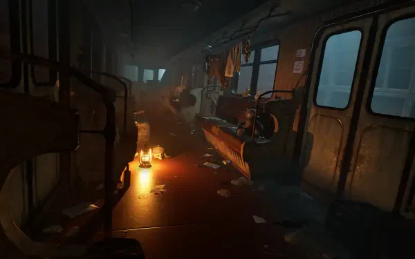 A haunting scene from the video game Metro Awakening, featuring a dimly lit, abandoned subway car with scattered debris and a flickering candle casting eerie shadows.