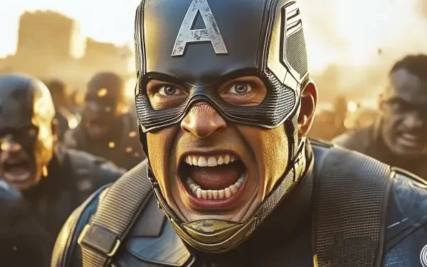 An intense close-up of Captain America from the Avengers, showcasing his fierce expression and iconic costume. This HD image serves as a dynamic desktop wallpaper and background.