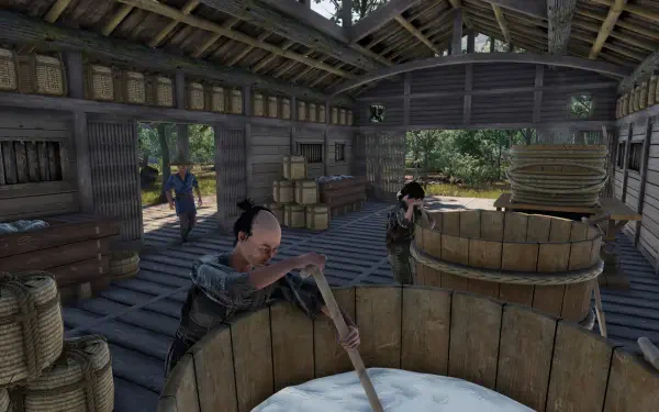 A scene from the video game Sengoku Dynasty features characters working in a wooden building, engaged in traditional activities against a backdrop of nature. HD PC desktop wallpaper.