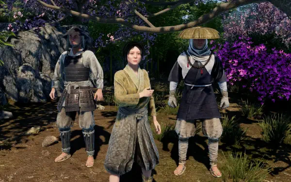 Depicting characters from the video game Sengoku Dynasty, this HD PC desktop wallpaper features a woman in traditional attire alongside two warriors in a lush, vibrant setting.