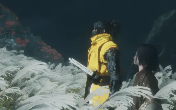 8K Ultra HD desktop wallpaper featuring Kuro from Sekiro: Shadows Die Twice standing in a field of tall grass under a dark, moody sky.