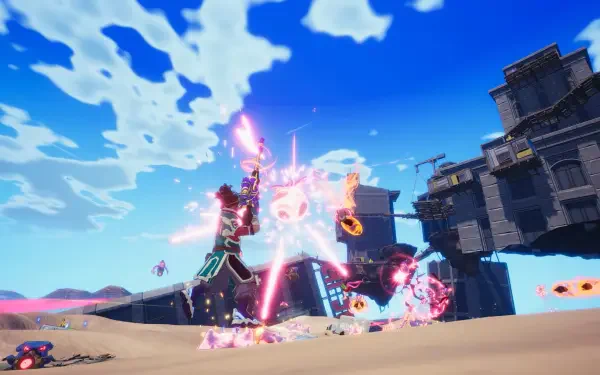 An adventurous scene from the video game Atomic Picnic, featuring a character battling with colorful energy blasts against a backdrop of a futuristic landscape and vibrant sky.