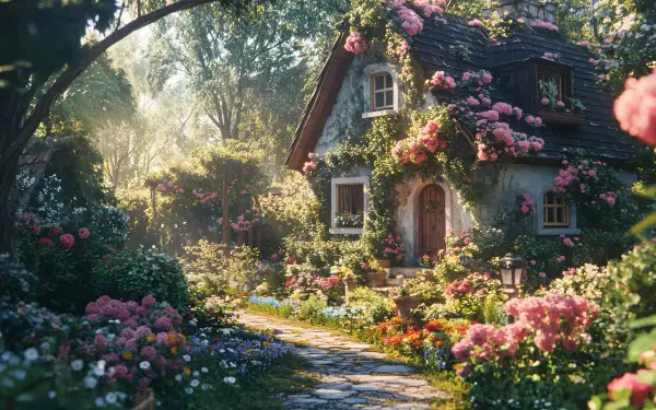 A quaint cottage adorned with vibrant flowers and lush greenery, surrounded by a picturesque garden, captures the essence of cottagecore in this stunning 4K Ultra HD wallpaper.