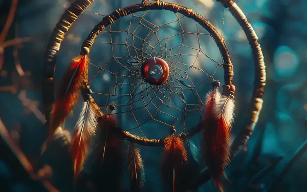 A close-up of a dreamcatcher adorned with colorful feathers, set against a tranquil, blurred background, presented as a stunning 4K Ultra HD PC desktop wallpaper.