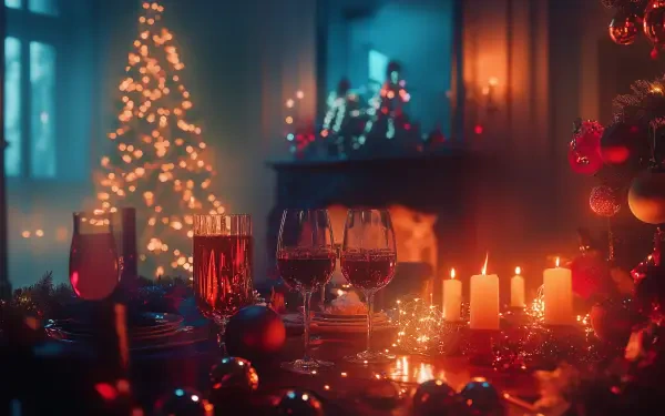 A cozy New Year's Eve setting featuring a beautifully lit Christmas tree, elegant glasses, glowing candles, and festive decorations, creating a warm holiday atmosphere.