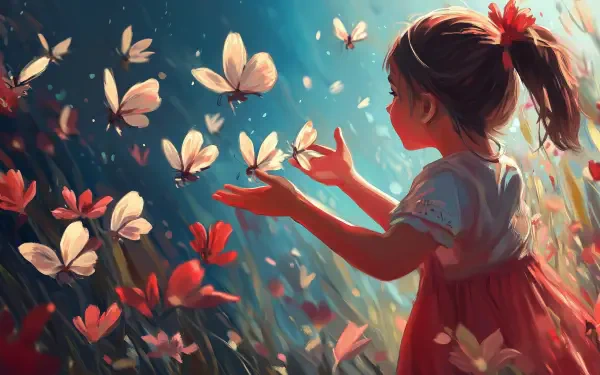 A young girl in a red dress joyfully interacts with butterflies amidst colorful flowers, embodying themes of kindness and love in this HD desktop wallpaper.