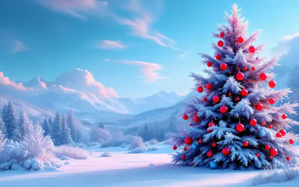 A serene winter landscape featuring a beautifully decorated Christmas tree with red ornaments, set against majestic mountains and a blue sky. 4K Ultra HD desktop wallpaper.