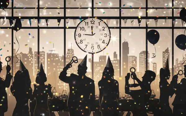 Silhouetted figures celebrate New Year's Eve against a city skyline, with a large clock striking midnight and colorful confetti adding a festive atmosphere in this 4K Ultra HD wallpaper.