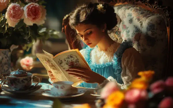A woman enjoys a tranquil tea party, immersed in a book amidst vibrant flowers and soft, natural light, captured in stunning 4K Ultra HD detail.