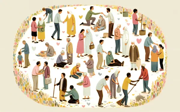 A vibrant illustration of diverse individuals engaging in acts of kindness, surrounded by hearts and flowers, serving as an inspiring 4K Ultra HD desktop wallpaper.