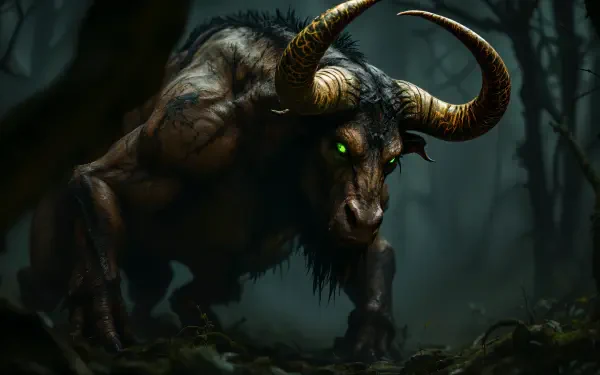 A powerful minotaur with glowing green eyes emerges from a dark, misty forest, showcasing detailed muscles and impressive horns, all captured in stunning 4K Ultra HD quality.