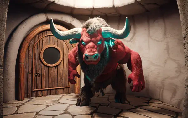 A striking 4K Ultra HD wallpaper featuring a menacing minotaur poised in a dimly lit cavern, with glowing accents and a wooden door in the background.