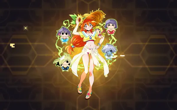Anime Slayers HD PC desktop wallpaper: orange-haired heroine in summer outfit surrounded by glowing chibi companions on a honeycomb-patterned dark background.
