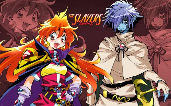 HD anime desktop wallpaper featuring vibrant characters from The Slayers series with dynamic poses and colorful attire.