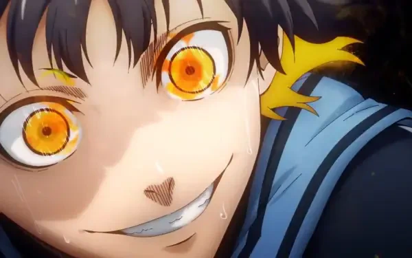 Vibrant HD wallpaper featuring Bachira Meguru from the anime Blue Lock, showcasing his energetic expression and striking orange eyes against a dynamic background.