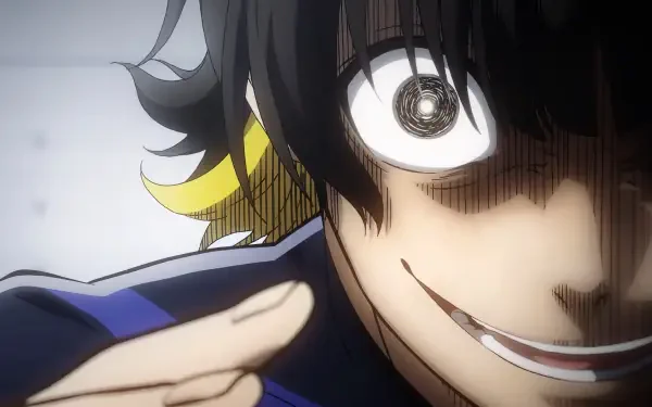 HD background featuring Bachira Meguru from the anime Blue Lock, showcasing his expressive eyes and charismatic smile, ideal for anime fans and desktop decoration.
