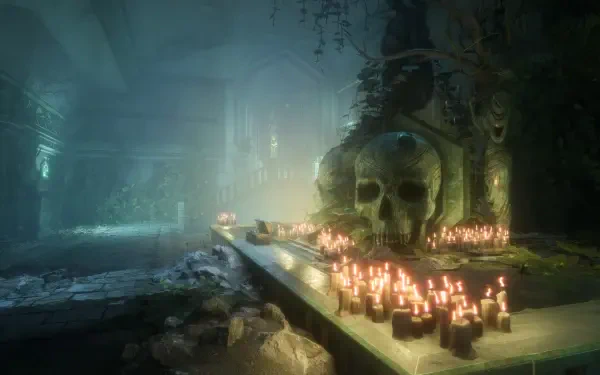 An atmospheric HD wallpaper from the video game Dragon Age: The Veilguard, featuring a dimly lit scene with candles and a large skull amidst an eerie, overgrown environment.