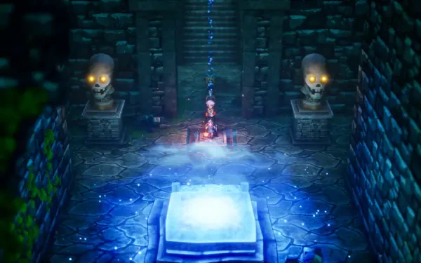 A mystical scene from the DRAGON QUEST III HD-2D Remake, showcasing a character near a glowing altar in a dimly lit stone chamber, surrounded by eerie statues and magical effects.