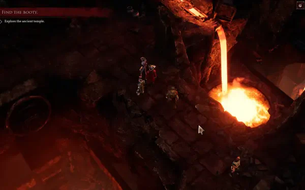 A captivating HD wallpaper from the video game Flint: Treasure of Oblivion, depicting adventurers near a glowing lava pool within a mystical temple setting.