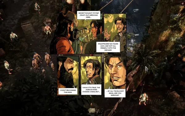 A vibrant HD wallpaper featuring scenes and characters from the video game Flint: Treasure of Oblivion, with comic-style dialogue boxes embedded in a jungle setting.