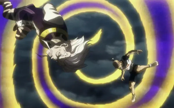 An HD desktop wallpaper featuring Zeno Zoldyck and Isaac Netero from Hunter x Hunter, set against a vibrant swirling background of purple and yellow tones.