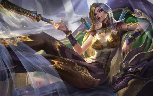 Katarina from League of Legends reclines confidently amidst mystical elements in this vibrant 8K Ultra HD wallpaper, showcasing her dynamic character and intricate design.