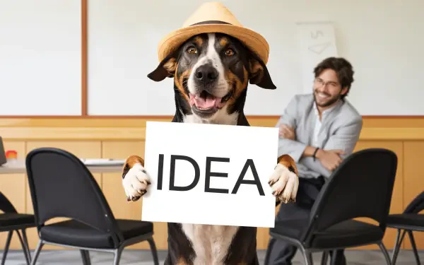 A cheerful dog in a straw hat holds a sign reading IDEA, while a man in the background smiles, creating a lighthearted atmosphere. This colorful image serves as a fun 4K Ultra HD desktop wallpaper.
