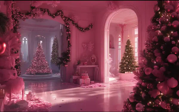 A enchanting pink-themed Christmas scene featuring beautifully decorated trees, elegant decor, and soft lighting, all captured in stunning 4K Ultra HD quality for a PC desktop wallpaper.