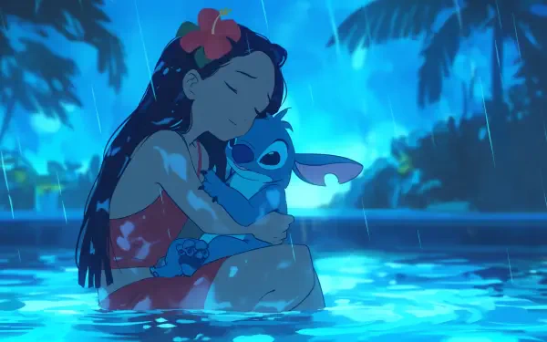 Lilo embraces Stitch in a serene, rain-soaked scene from the animated TV show Lilo & Stitch, surrounded by lush greenery and glowing blue hues, creating a beautiful HD wallpaper.