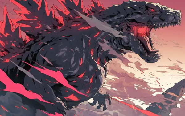 A striking HD wallpaper featuring Godzilla, depicted with bold colors and dynamic motion, capturing the iconic movie monster's fierce presence against a dramatic background.