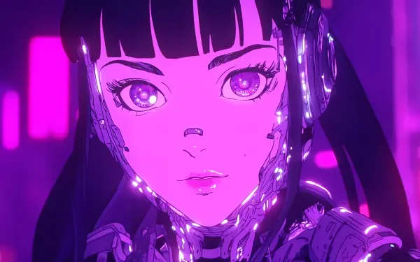 A vibrant anime girl with glowing features and neon highlights, set against a purple background, showcasing a futuristic aesthetic in this 4K Ultra HD desktop wallpaper.
