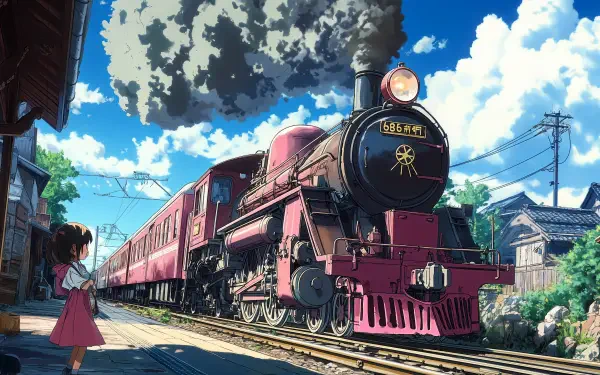 A vibrant anime scene featuring a steam train billowing smoke, set against a bright blue sky, perfect as a 4K Ultra HD PC desktop wallpaper or background.