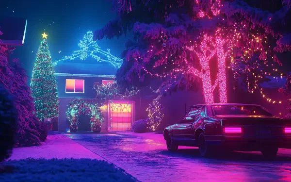 A vibrant Christmas scene featuring a glowing house and decorated trees, illuminated by colorful lights, set in a retrowave aesthetic. A classic car is parked nearby. 4K Ultra HD wallpaper.