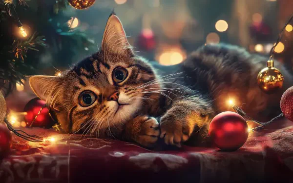 A playful cat lies among Christmas decorations, surrounded by twinkling lights and colorful ornaments, creating a cozy holiday scene. Great as a 4K Ultra HD desktop wallpaper.