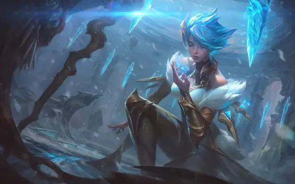 A stunning 8K Ultra HD wallpaper featuring Irelia from League of Legends, showcasing her in a dynamic, icy setting with vibrant blue accents and intricate details.