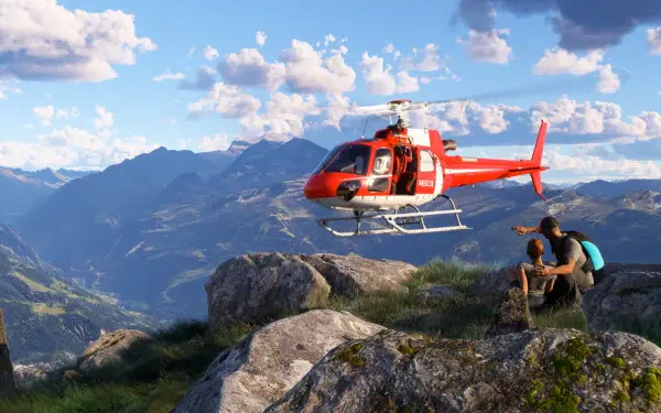A scenic view from Microsoft Flight Simulator 2024 featuring a vibrant red helicopter hovering above mountains, with a couple of adventurers observing the landscape below.